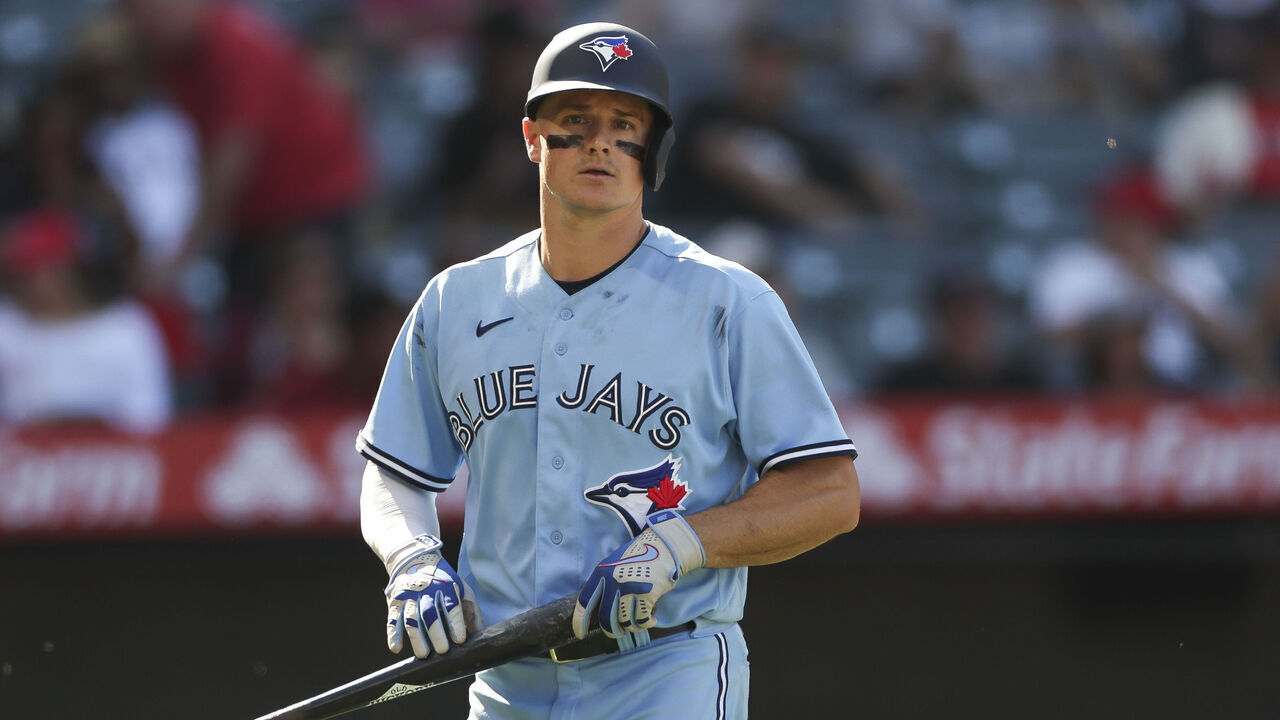 ANAHEIM, CA - APRIL 09: Toronto Blue Jays third baseman Matt Chapman (26) reacts after striking out in the tenth inning during a regular season game between the Los Angeles Angels and Toronto Blue Jays on April 9, 2023 at Angel Stadium in Anaheim, CA.