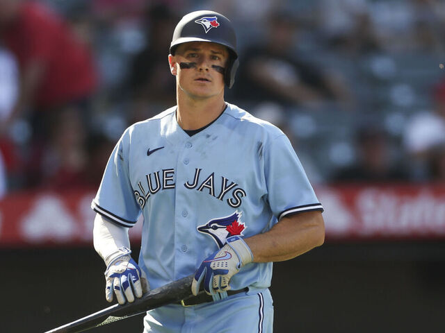 ANAHEIM, CA - APRIL 09: Toronto Blue Jays third baseman Matt Chapman (26) reacts after striking out in the tenth inning during a regular season game between the Los Angeles Angels and Toronto Blue Jays on April 9, 2023 at Angel Stadium in Anaheim, CA.