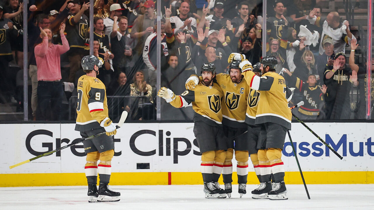 LAS VEGAS, NEVADA - APRIL 27: Chandler Stephenson #20 of the Vegas Golden Knights celebrates with teammates after a goal during the second period against the Winnipeg Jets in Game Five of the First Round of the 2023 Stanley Cup Playoffs at T-Mobile Arena on April 27, 2023 in Las Vegas, Nevada.