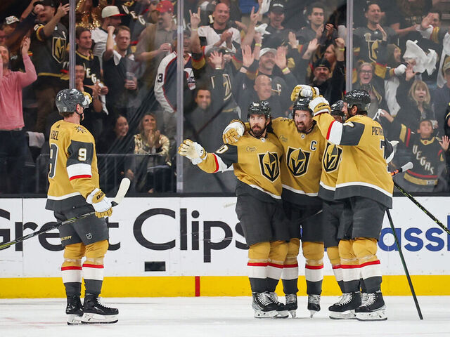 LAS VEGAS, NEVADA - APRIL 27: Chandler Stephenson #20 of the Vegas Golden Knights celebrates with teammates after a goal during the second period against the Winnipeg Jets in Game Five of the First Round of the 2023 Stanley Cup Playoffs at T-Mobile Arena on April 27, 2023 in Las Vegas, Nevada.