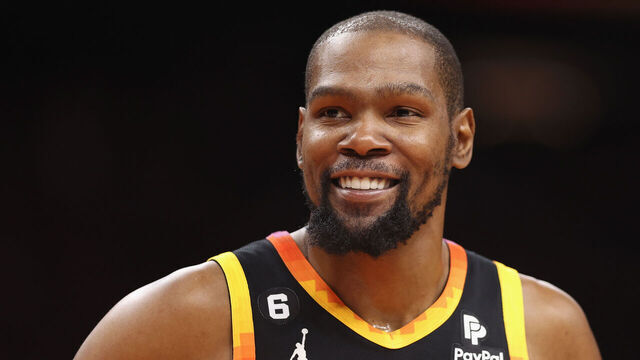 PHOENIX, ARIZONA - APRIL 16: Kevin Durant #35 of the Phoenix Suns reacts during the first half Game One of the Western Conference First Round Playoffs against the LA Clippers at Footprint Center on April 16, 2023 in Phoenix, Arizona.