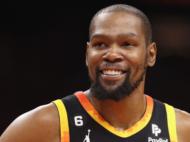 PHOENIX, ARIZONA - APRIL 16: Kevin Durant #35 of the Phoenix Suns reacts during the first half Game One of the Western Conference First Round Playoffs against the LA Clippers at Footprint Center on April 16, 2023 in Phoenix, Arizona.