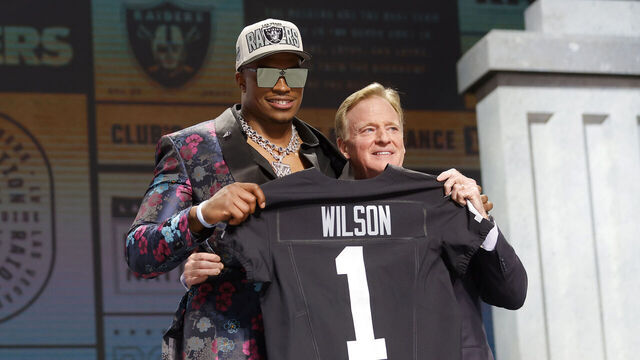 KANSAS CITY, MISSOURI - APRIL 27: (L-R) Tyree Wilson poses with NFL Commissioner Roger Goodell after being selected seventh overall by the Las Vegas Raiders during the first round of the 2023 NFL Draft at Union Station on April 27, 2023 in Kansas City, Missouri.