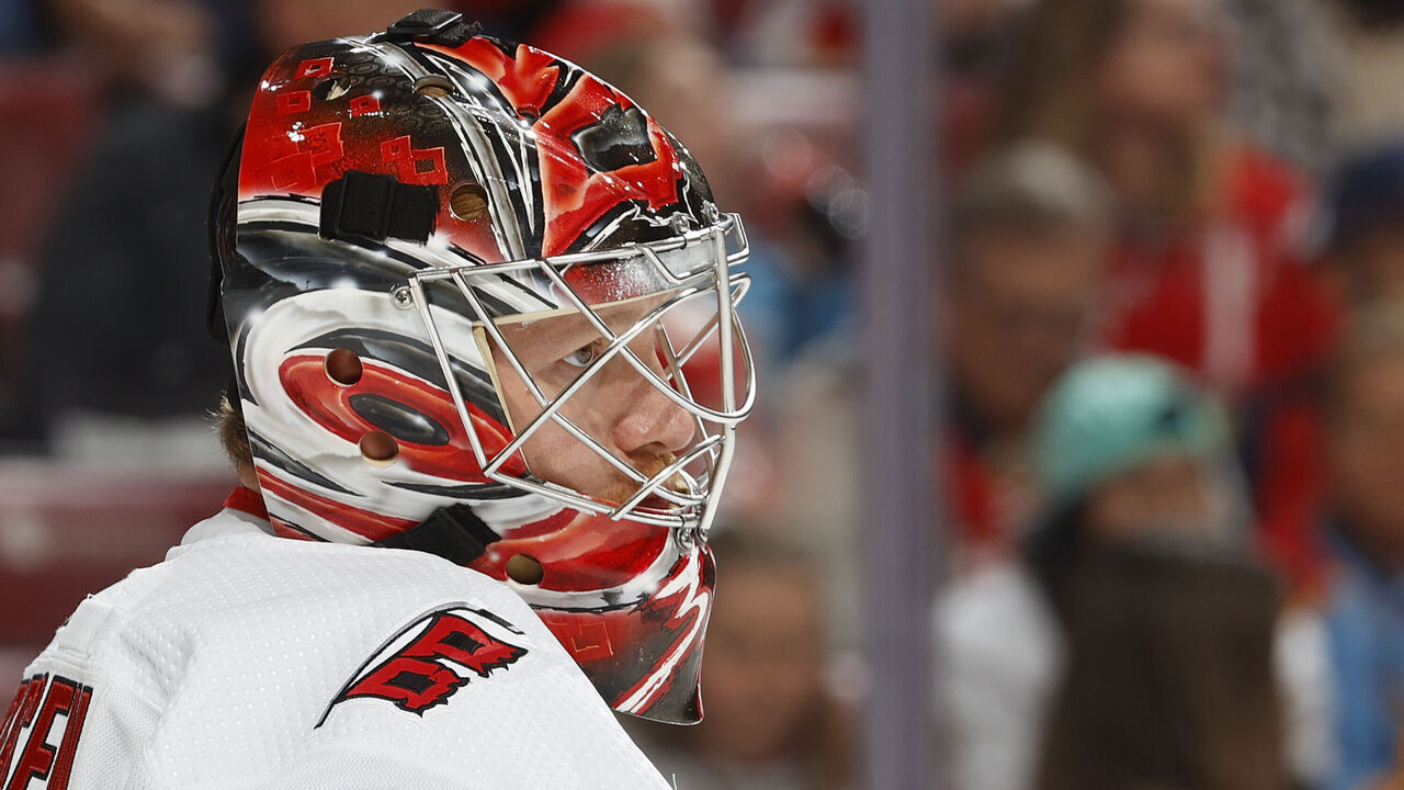 SUNRISE, FL - APRIL 13: Goaltender Frederik Andersen #31 of the Carolina Hurricanes looks up ice during a break in action against the Florida Panthers at the FLA Live Arena on April 13, 2023 in Sunrise, Florida.