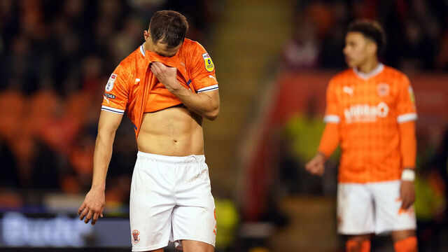 Blackpool's Jerry Yates reacts after they concede a third goal during the Sky Bet Championship match at Bloomfield Road, Blackpool. Picture date: Friday April 28, 2023.