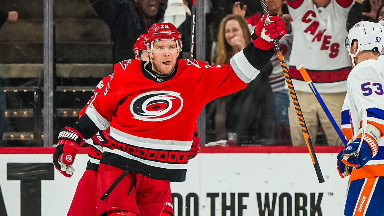 RALEIGH, NORTH CAROLINA - APRIL 25: Paul Stastny #26 of the Carolina Hurricanes celebrates with teammates after scoring a goal during the second period against the New York Islanders in Game Five of the First Round of the 2023 Stanley Cup Playoffs at PNC Arena on April 25, 2023 in Raleigh, North Carolina.