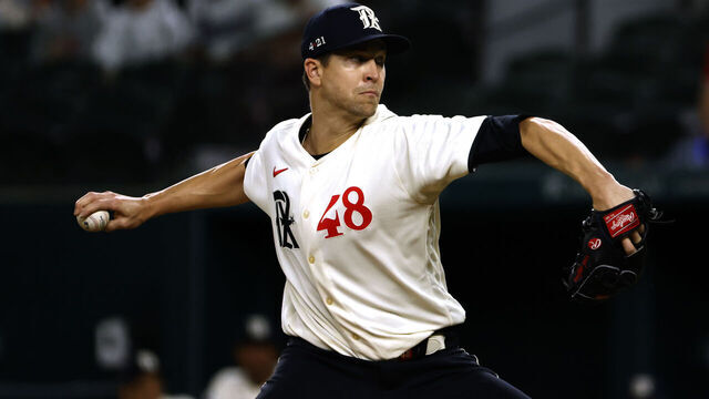 ARLINGTON, TX - APRIL 28: Jacob deGrom #48 of the Texas Rangers pitches against the New York Yankees during the first inning at Globe Life Field on April 28, 2023 in Arlington, Texas.