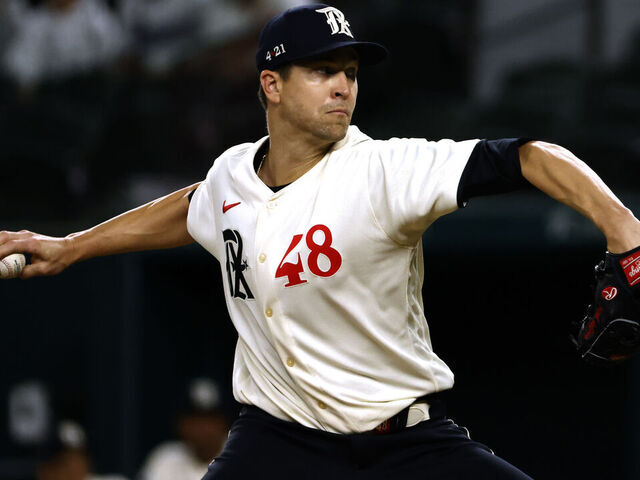 ARLINGTON, TX - APRIL 28: Jacob deGrom #48 of the Texas Rangers pitches against the New York Yankees during the first inning at Globe Life Field on April 28, 2023 in Arlington, Texas.