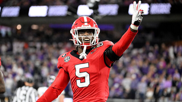 Inglewood, CA - January 09: Kelee Ringo #5 of the Georgia Bulldogs celebrates an interception against the TCU Horned Frogs during the first half of the CFP National Championship Football game at SoFi Stadium in Inglewood on Monday, January 9, 2023.