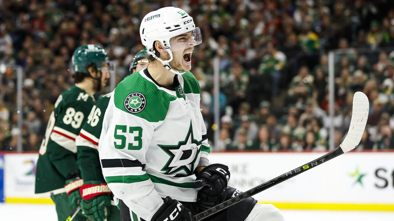 ST PAUL, MN - APRIL 28: Wyatt Johnston #53 of the Dallas Stars celebrates his goal against the Minnesota Wild in the second period in Game Six of the First Round of the 2023 Stanley Cup Playoffs at Xcel Energy Center on April 28, 2023 in St Paul, Minnesota.