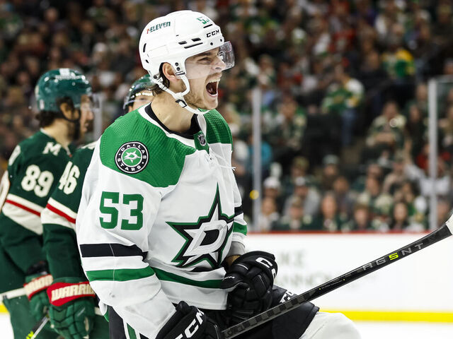 ST PAUL, MN - APRIL 28: Wyatt Johnston #53 of the Dallas Stars celebrates his goal against the Minnesota Wild in the second period in Game Six of the First Round of the 2023 Stanley Cup Playoffs at Xcel Energy Center on April 28, 2023 in St Paul, Minnesota.