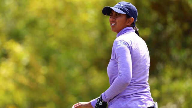 PALOS VERDES ESTATES, CALIFORNIA - MARCH 31: Aditi Ashok of India plays her shot from the second tee during the second round of the DIO Implant LA Open at Palos Verdes Golf Club on March 31, 2023 in Palos Verdes Estates, California.