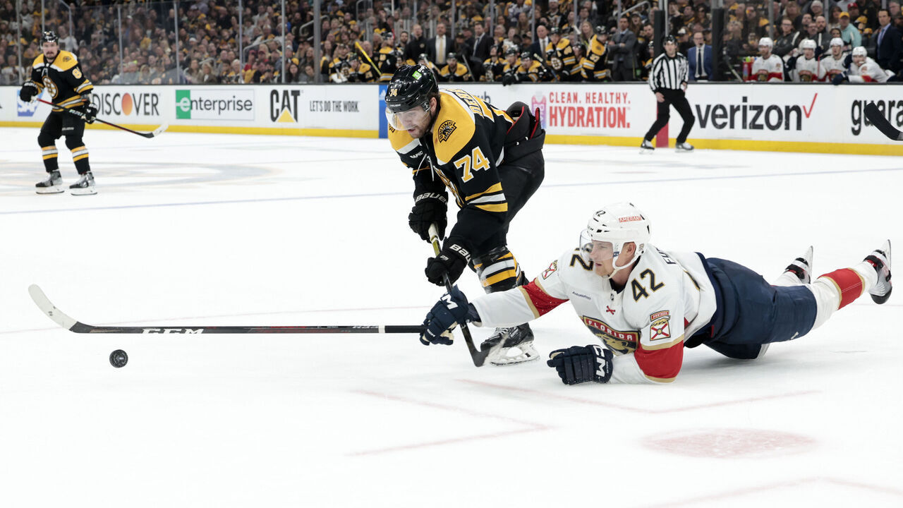 BOSTON, MA - APRIL 26: Florida Panthers defenseman Gustav Forsling (42) defends on Boston Bruins left wing Jake DeBrusk (74) during Game 5 of an Eastern Conference First Round playoff contest between the Boston Bruins and the Florida Panthers on April 26, 2023, at TD Garden in Boston, Massachusetts.