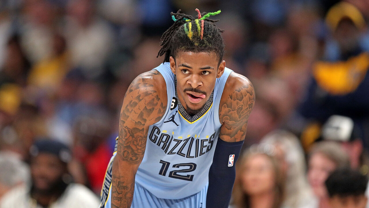 MEMPHIS, TENNESSEE - APRIL 26: Ja Morant #12 of the Memphis Grizzlies looks on against the Los Angeles Lakers during Game Five of the Western Conference First Round Playoffs at FedExForum on April 26, 2023 in Memphis, Tennessee.