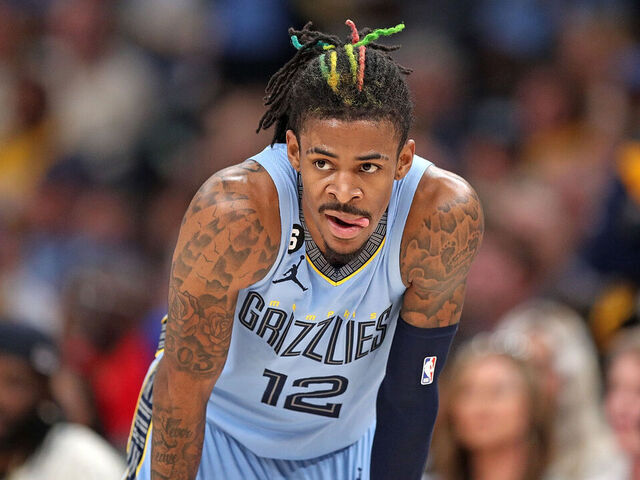 MEMPHIS, TENNESSEE - APRIL 26: Ja Morant #12 of the Memphis Grizzlies looks on against the Los Angeles Lakers during Game Five of the Western Conference First Round Playoffs at FedExForum on April 26, 2023 in Memphis, Tennessee.