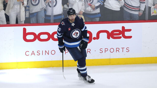 WINNIPEG, CANADA - APRIL 24: Blake Wheeler #26 of the Winnipeg Jets celebrates his goal during action against the Vegas Golden Knights in the first period of Game Four of the First Round of the 2023 Stanley Cup Playoffs on April 24, 2023 at Canada Life Centre in Winnipeg, Manitoba, Canada.