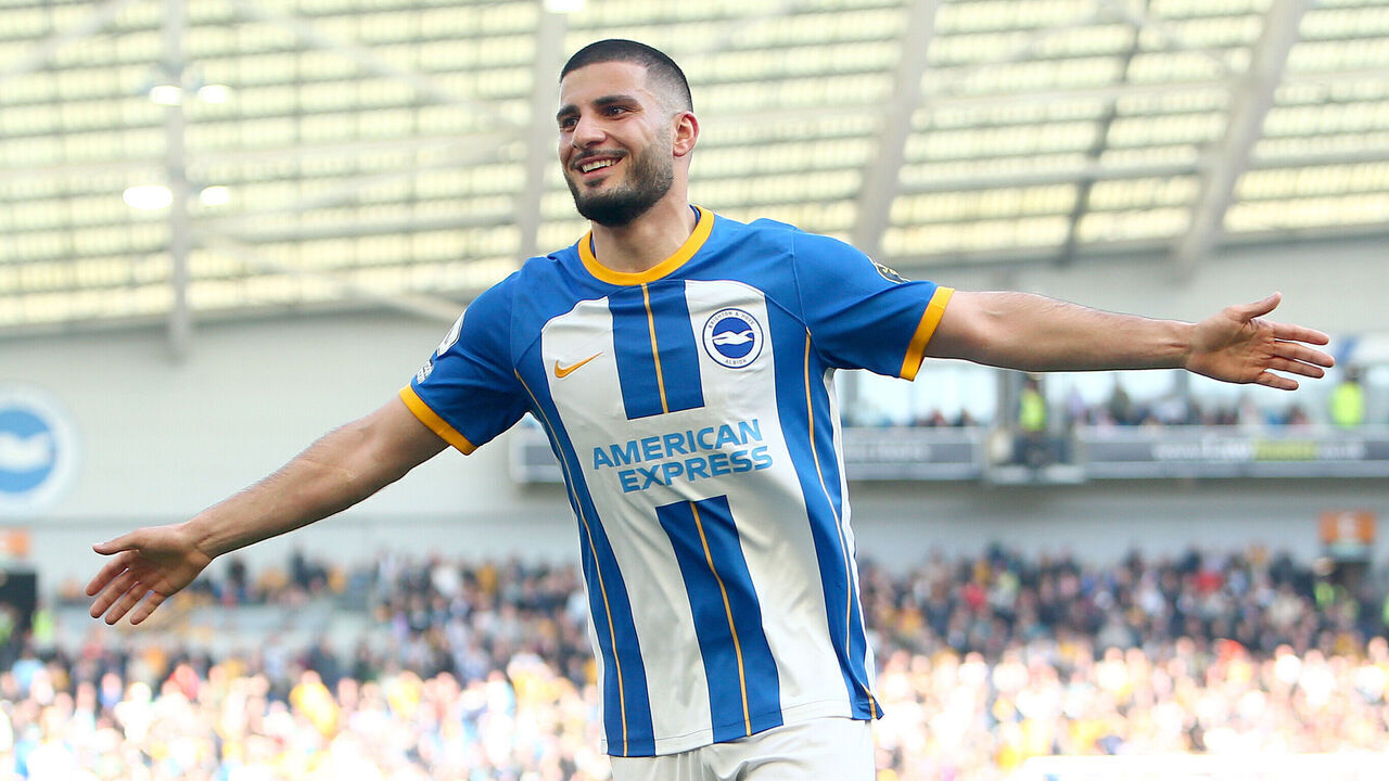 BRIGHTON, ENGLAND - APRIL 29: Deniz Undav of Brighton & Hove Albion celebrates after scoring their sides sixth goal during the Premier League match between Brighton & Hove Albion and Wolverhampton Wanderers at American Express Community Stadium on April 29, 2023 in Brighton, England.