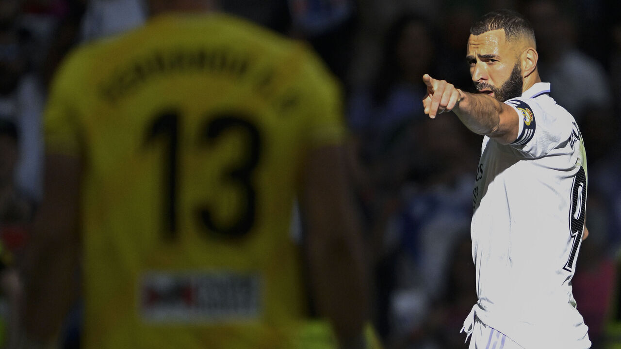 MADRID, SPAIN - APRIL 29: Karim Benzema of Real Madrid celebrates after scoring a goal during the LaLiga Santander match between Real Madrid CF and UD Almeria at Estadio Santiago Bernabeu in Madrid, Spain on April 29, 2023.