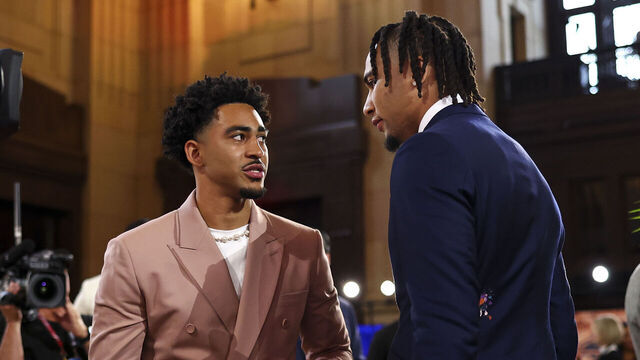 KANSAS CITY, MO - APRIL 27: C.J. Stroud congratulates Bryce Young in the green room backstage after Young was drafted number one overall during the first round of the 2023 NFL Draft at Union Station on April 27, 2023 in Kansas City, Missouri.