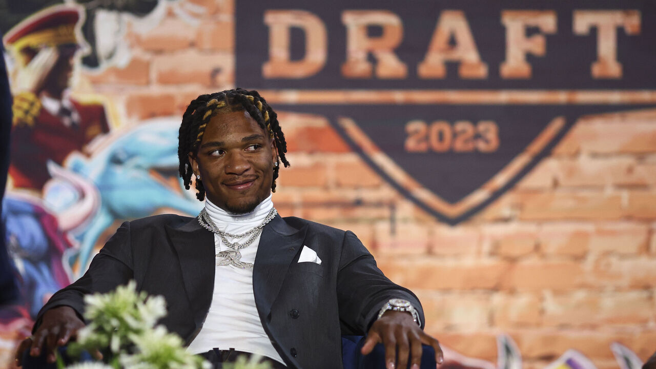 KANSAS CITY, MO - APRIL 27: Anthony Richardson sits in the green room backstage during the first round of the 2023 NFL Draft at Union Station on April 27, 2023 in Kansas City, Missouri.