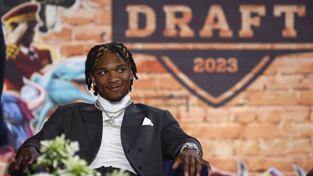 KANSAS CITY, MO - APRIL 27: Anthony Richardson sits in the green room backstage during the first round of the 2023 NFL Draft at Union Station on April 27, 2023 in Kansas City, Missouri.