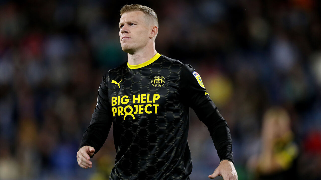 HUDDERSFIELD, ENGLAND - SEPTEMBER 13: James McClean of Wigan Athletic reacts during the Sky Bet Championship between Huddersfield Town and Wigan Athletic at John Smith's Stadium on September 13, 2022 in Huddersfield, England.