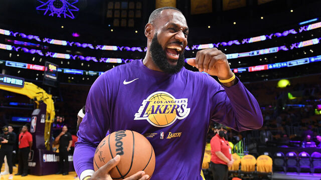 Los Angeles, California October 20, 2022-Lakers LeBron James laughs before a game with the Clippers at Crypto Arena in Los Angeles Thursday. (Wally Skalij/Los Angeles Times via Getty Images)