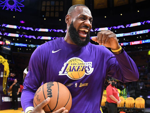 Los Angeles, California October 20, 2022-Lakers LeBron James laughs before a game with the Clippers at Crypto Arena in Los Angeles Thursday. (Wally Skalij/Los Angeles Times via Getty Images)