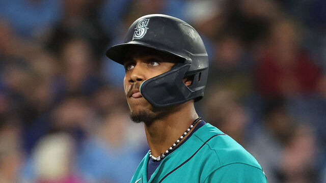 TORONTO, ON - APRIL 28 - Seattle Mariners center fielder Julio Rodriguez (44) leaves the batters box after striking out in the seventh inning as the Toronto Blue Jays beat the Seattle Mariners 3-2 at Rogers Centre in Toronto. April 28, 2023. (Steve Russell/Toronto Star via Getty Images)