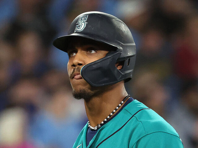 TORONTO, ON - APRIL 28 - Seattle Mariners center fielder Julio Rodriguez (44) leaves the batters box after striking out in the seventh inning as the Toronto Blue Jays beat the Seattle Mariners 3-2 at Rogers Centre in Toronto. April 28, 2023. (Steve Russell/Toronto Star via Getty Images)