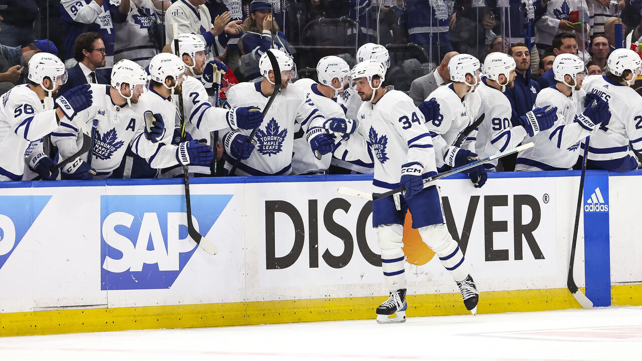 TAMPA, FL - APRIL 29: Auston Matthews #34 of the Toronto Maple Leafs celebrates a goal against the Tampa Bay Lightning during the second period in Game Six of the First Round of the 2023 Stanley Cup Playoffs at Amalie Arena on April 29, 2023 in Tampa, Florida.