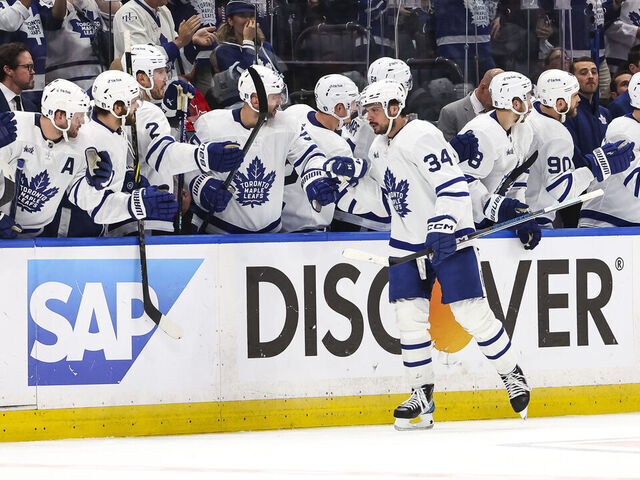 TAMPA, FL - APRIL 29: Auston Matthews #34 of the Toronto Maple Leafs celebrates a goal against the Tampa Bay Lightning during the second period in Game Six of the First Round of the 2023 Stanley Cup Playoffs at Amalie Arena on April 29, 2023 in Tampa, Florida.
