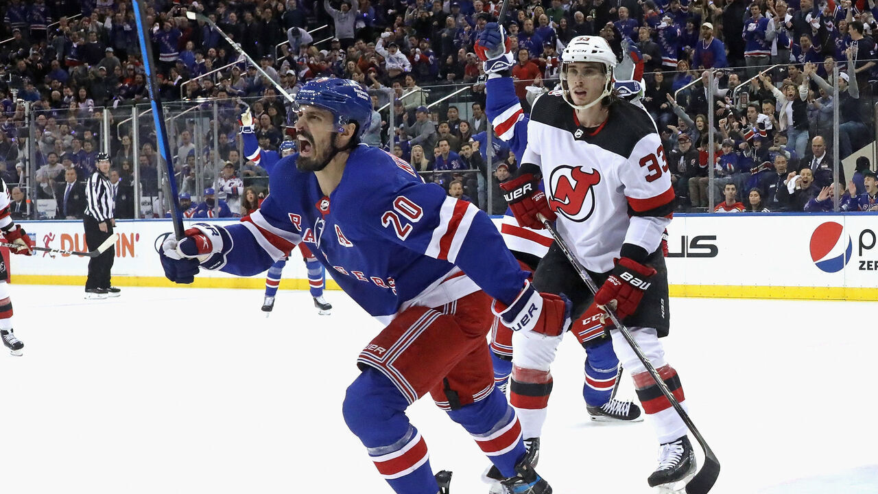 NEW YORK, NEW YORK - APRIL 29: Chris Kreider #20 of the New York Rangers celebrates his first period goal against the New Jersey Devils in Game Six of the First Round of the 2023 Stanley Cup Playoffs at Madison Square Garden on April 29, 2023 in New York, New York.