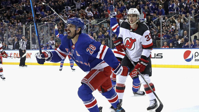 NEW YORK, NEW YORK - APRIL 29: Chris Kreider #20 of the New York Rangers celebrates his first period goal against the New Jersey Devils in Game Six of the First Round of the 2023 Stanley Cup Playoffs at Madison Square Garden on April 29, 2023 in New York, New York.