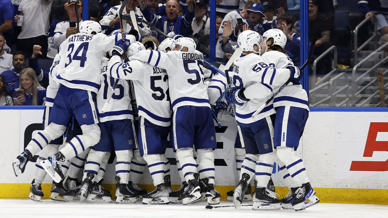 TAMPA, FLORIDA - APRIL 29: The Toronto Maple Leafs celebrate winning Game Six of the First Round of the 2023 Stanley Cup Playoffs on an overtime goal by John Tavares #91 against the Tampa Bay Lightning at Amalie Arena on April 29, 2023 in Tampa, Florida.
