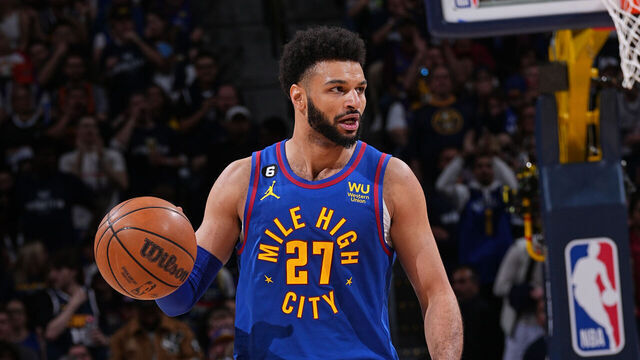 DENVER, CO - APRIL 29: Jamal Murray #27 of the Denver Nuggets dribbles the ball during Game One of the Western Conference Semi-Finals of the 2023 NBA Playoffs against the Phoenix Suns on April 29, 2023 at the Ball Arena in Denver, Colorado. NOTE TO USER: User expressly acknowledges and agrees that, by downloading and/or using this Photograph, user is consenting to the terms and conditions of the Getty Images License Agreement. Mandatory Copyright Notice: Copyright 2023 NBAE