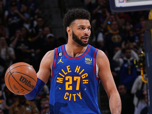 DENVER, CO - APRIL 29: Jamal Murray #27 of the Denver Nuggets dribbles the ball during Game One of the Western Conference Semi-Finals of the 2023 NBA Playoffs against the Phoenix Suns on April 29, 2023 at the Ball Arena in Denver, Colorado. NOTE TO USER: User expressly acknowledges and agrees that, by downloading and/or using this Photograph, user is consenting to the terms and conditions of the Getty Images License Agreement. Mandatory Copyright Notice: Copyright 2023 NBAE