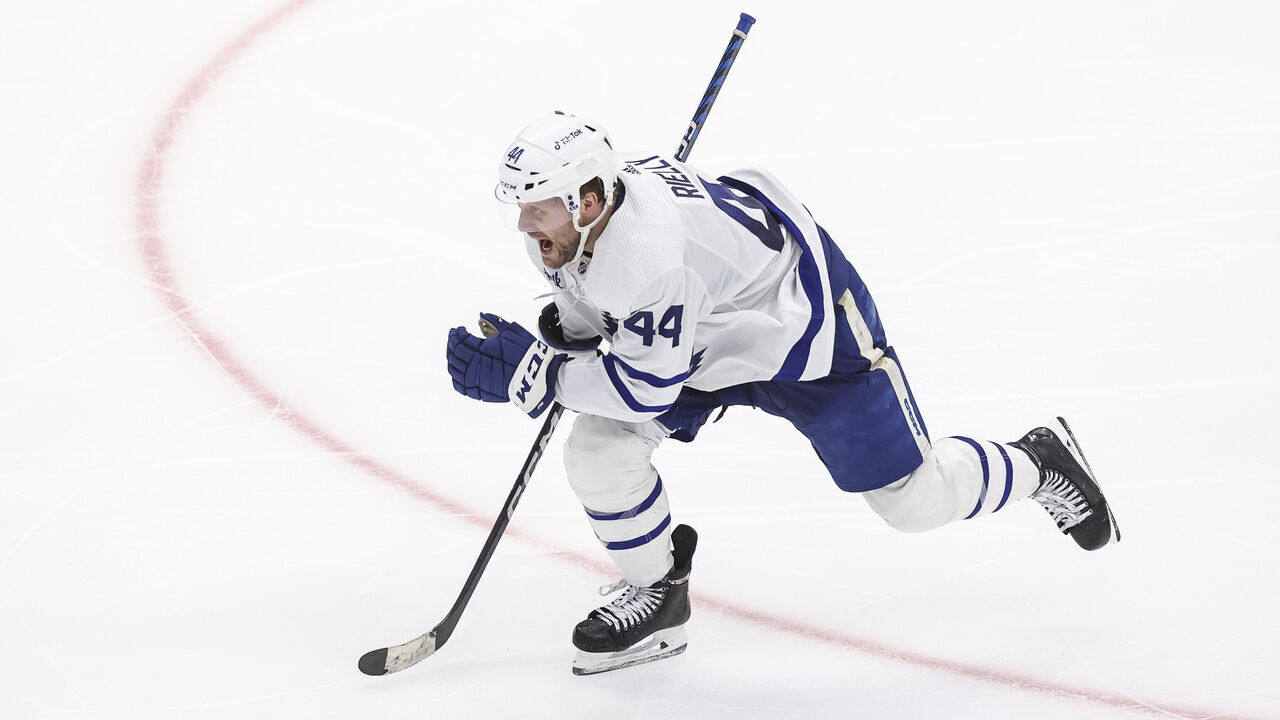 TAMPA, FL - APRIL 29: Morgan Rielly #44 of the Toronto Maple Leafs celebrates the series win against the Tampa Bay Lightning in Game Six of the First Round of the 2023 Stanley Cup Playoffs at Amalie Arena on April 29, 2023 in Tampa, Florida.