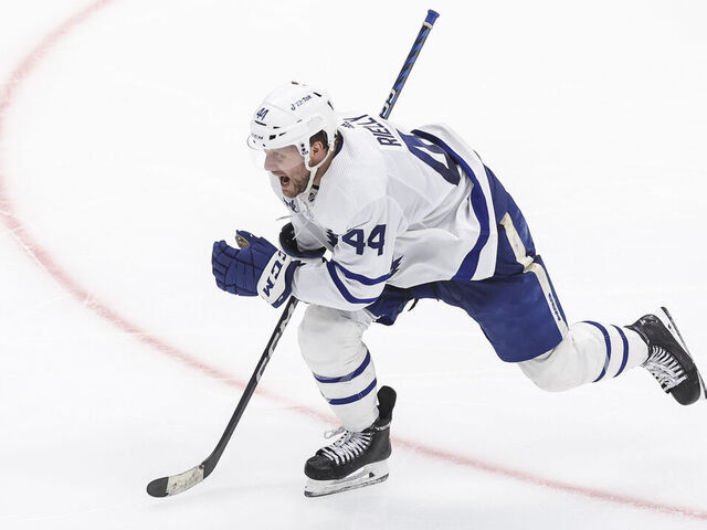 TAMPA, FL - APRIL 29: Morgan Rielly #44 of the Toronto Maple Leafs celebrates the series win against the Tampa Bay Lightning in Game Six of the First Round of the 2023 Stanley Cup Playoffs at Amalie Arena on April 29, 2023 in Tampa, Florida.