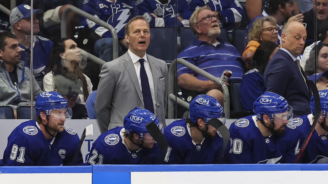 TAMPA, FL - APRIL 24: Jon Cooper of the Tampa Bay Lightning against the Toronto Maple Leafs during the second period in Game Four of the First Round of the 2023 Stanley Cup Playoffs at Amalie Arena on April 24, 2023 in Tampa, Florida.