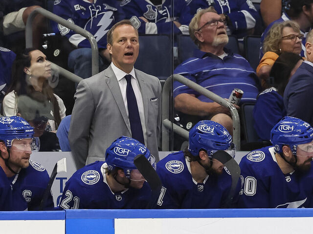 TAMPA, FL - APRIL 24: Jon Cooper of the Tampa Bay Lightning against the Toronto Maple Leafs during the second period in Game Four of the First Round of the 2023 Stanley Cup Playoffs at Amalie Arena on April 24, 2023 in Tampa, Florida.
