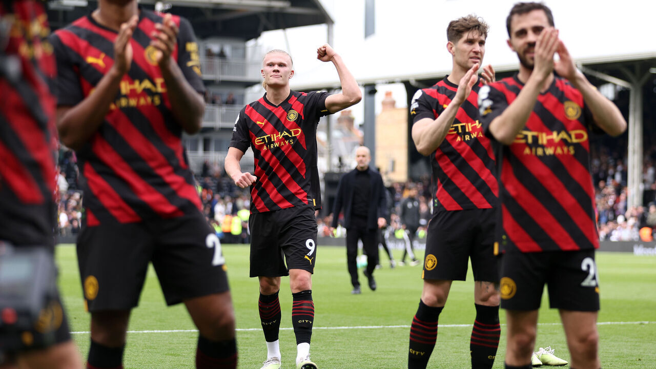 LONDON, ENGLAND - APRIL 30: Erling Haaland of Manchester City celebrates after the team's victory in the Premier League match between Fulham FC and Manchester City at Craven Cottage on April 30, 2023 in London, England.