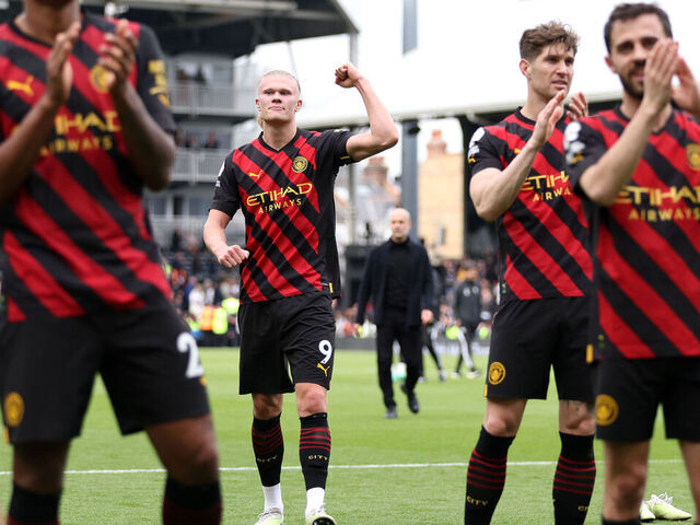 LONDON, ENGLAND - APRIL 30: Erling Haaland of Manchester City celebrates after the team's victory in the Premier League match between Fulham FC and Manchester City at Craven Cottage on April 30, 2023 in London, England.