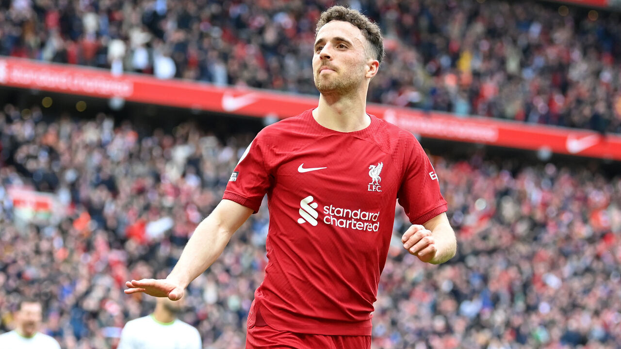 LIVERPOOL, ENGLAND - APRIL 30: Diogo Jota of Liverpool celebrates after scoring the team's fourth goal during the Premier League match between Liverpool FC and Tottenham Hotspur at Anfield on April 30, 2023 in Liverpool, England.