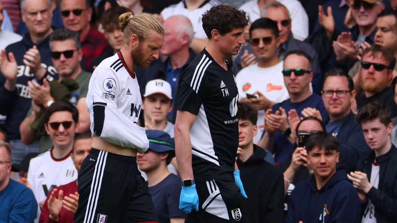 LONDON, ENGLAND - APRIL 30: Fulham's Tim Ream is substituted after picking up an injury during the Premier League match between Fulham FC and Manchester City at Craven Cottage on April 30, 2023 in London, United Kingdom.