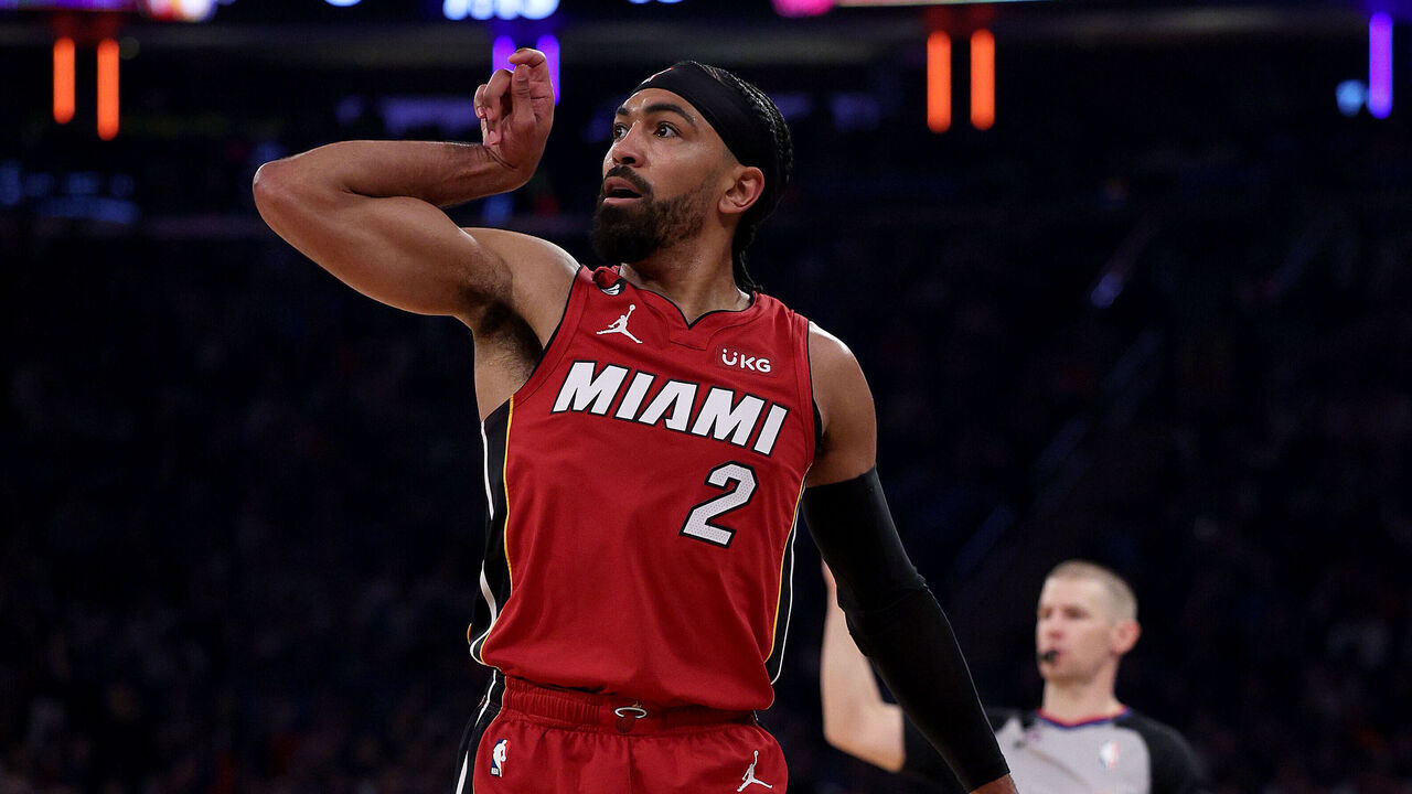 NEW YORK, NEW YORK - APRIL 30: Gabe Vincent #2 of the Miami Heat celebrates his three point shot in the first half against the New York Knicks during game one of the Eastern Conference Semifinals at Madison Square Garden on April 30, 2023 in New York City.