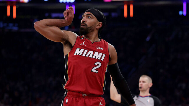 NEW YORK, NEW YORK - APRIL 30: Gabe Vincent #2 of the Miami Heat celebrates his three point shot in the first half against the New York Knicks during game one of the Eastern Conference Semifinals at Madison Square Garden on April 30, 2023 in New York City.