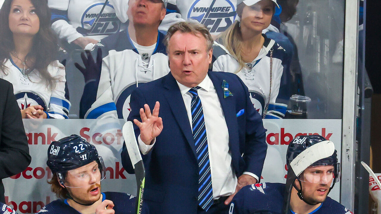 WINNIPEG, CANADA - APRIL 22: Head coach Rick Bowness of the Winnipeg Jets looks on from the bench during first period action against the Vegas Golden Knights in Game Three of the First Round of the 2023 Stanley Cup Playoffs at Canada Life Centre on April 22, 2023 in Winnipeg, Manitoba, Canada.