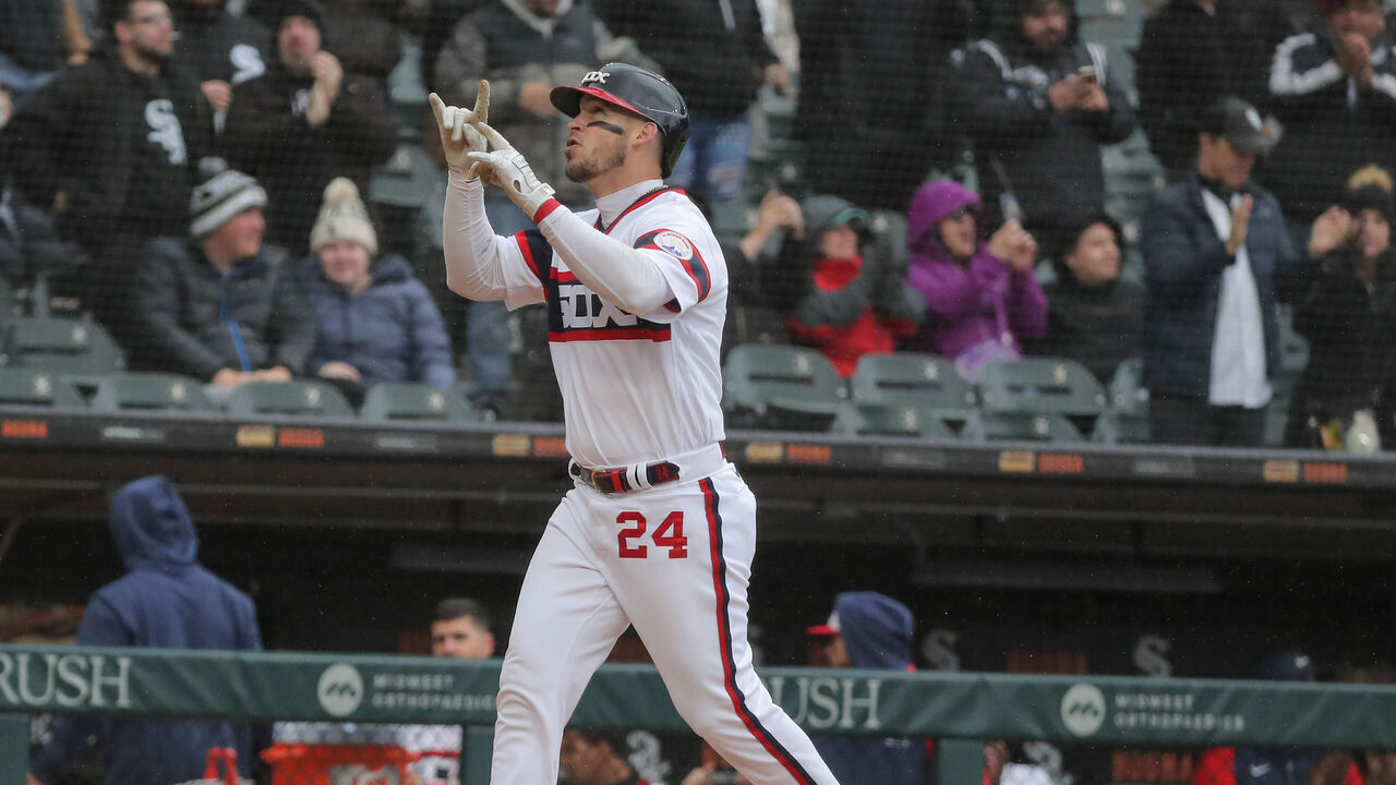 CHICAGO, IL - APRIL 30: Chicago White Sox catcher Yasmani Grandal (24) reacts after hitting a home run in the sixth inning during a Major League Baseball game between the Tampa Bay Rays and the Chicago White Sox on April 30, 2023 at Guaranteed Rate Field in Chicago, IL.