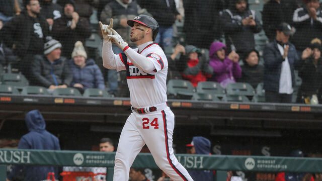 CHICAGO, IL - APRIL 30: Chicago White Sox catcher Yasmani Grandal (24) reacts after hitting a home run in the sixth inning during a Major League Baseball game between the Tampa Bay Rays and the Chicago White Sox on April 30, 2023 at Guaranteed Rate Field in Chicago, IL.
